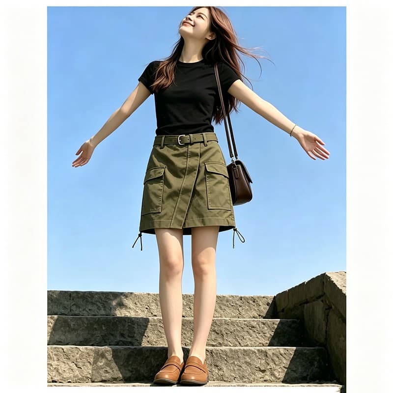 검정색 라운드 넥 티셔츠 여성 2026 여름 몸매 가꾸기 반팔 가져 가라. 군용 녹색 디자인 센스 패션 미니 스커트 투피스 세트 상세 이미지 2