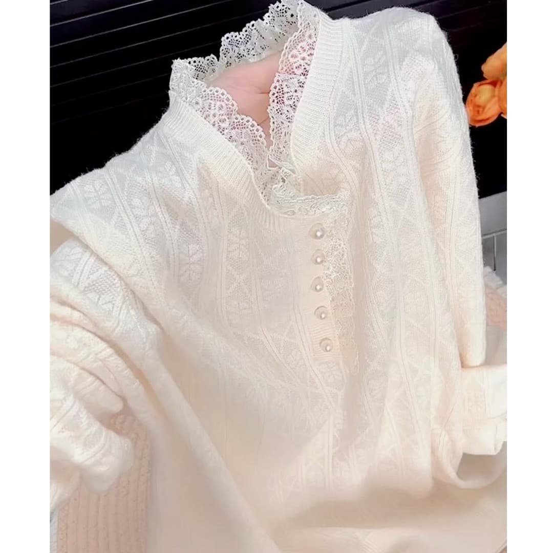부드러운 레이스 조각 반 개방 칼라 진주 버클 업 의류 새로운 2026 가을 빅 사이즈 슬림해 보이는 느긋한 바람 니트 스웨터 이미지 5
