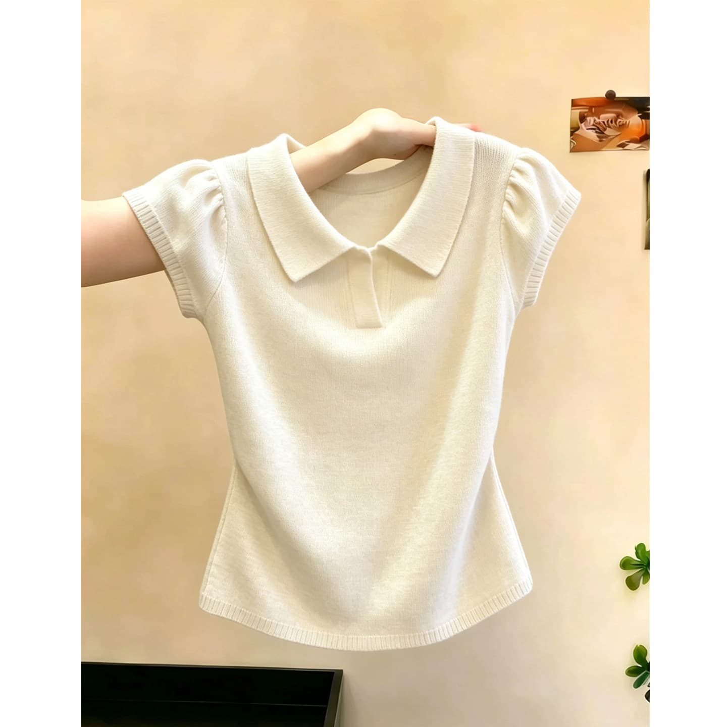 살구 색상 니트 POLO 칼라 긍정적 인 어깨 주름 반팔 티셔츠 여성 여름 마이크로 지방 빅 사이즈 슬림해 보이는 다용도 품격 맨위