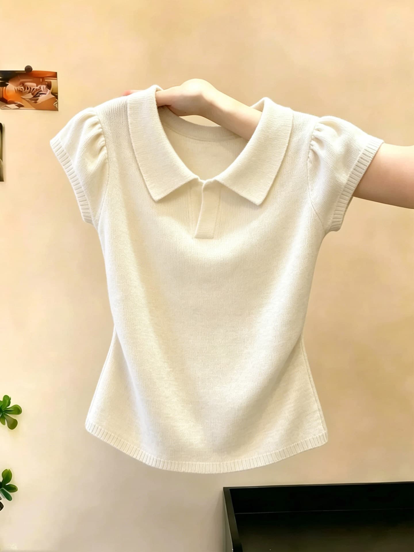 살구 색상 니트 POLO 칼라 긍정적 인 어깨 주름 반팔 티셔츠 여성 여름 마이크로 지방 빅 사이즈 슬림해 보이는 다용도 품격 맨위 이미지 3