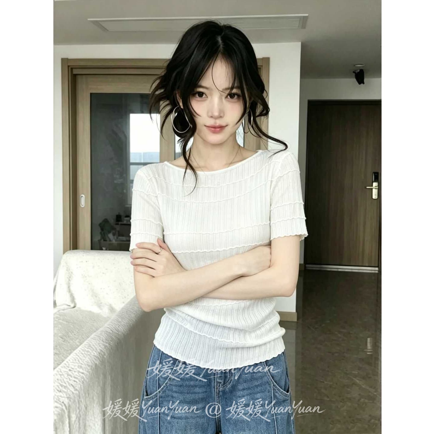 프랑스식 얇은 스타일 질감 센스 반팔 니트 스웨터 여성 2026 여름 디자인 센스 슬림해 보이는 고유 한 아름다운 연령 감소 섹션 맨위 이미지 5