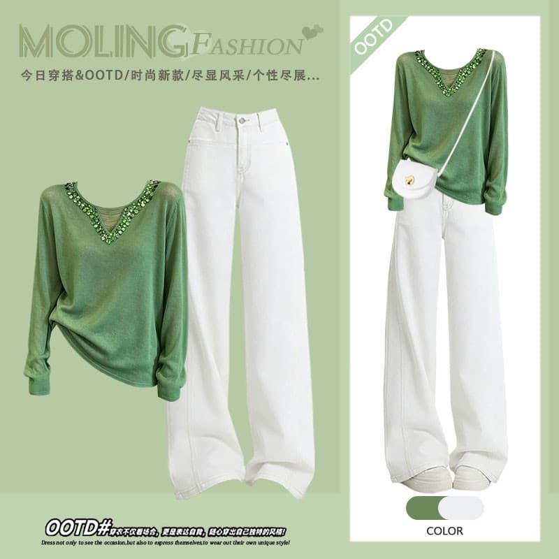 여름 전체 집합 착용 가져 가라. 여성 2026 새로운 패션 신선함 라운드 넥 맨위 가져 가라. 슬림해 보이는 청바지 투피스 세트 상세 이미지 3