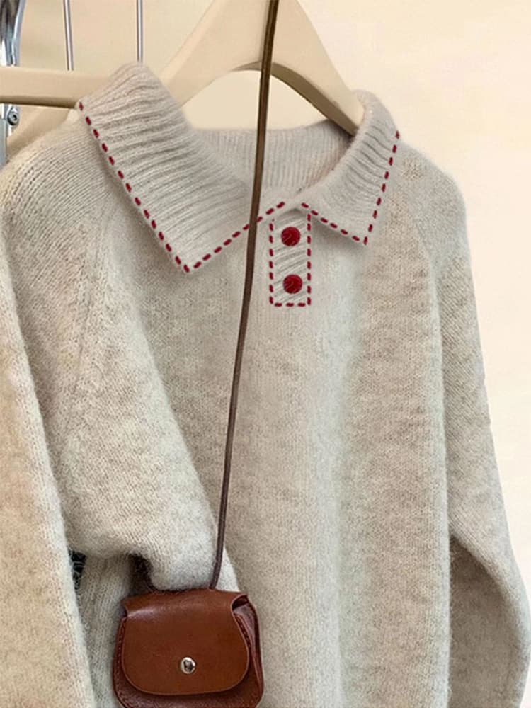 한 부서 고유 한 연령 감소 POLO 칼라 풀오버 부드러운 찹쌀 스웨터 여자 가을 겨울 느긋한 바람 두꺼운 인사이드 가져 가라. 긴팔 니트 스웨터 상세 이미지 4