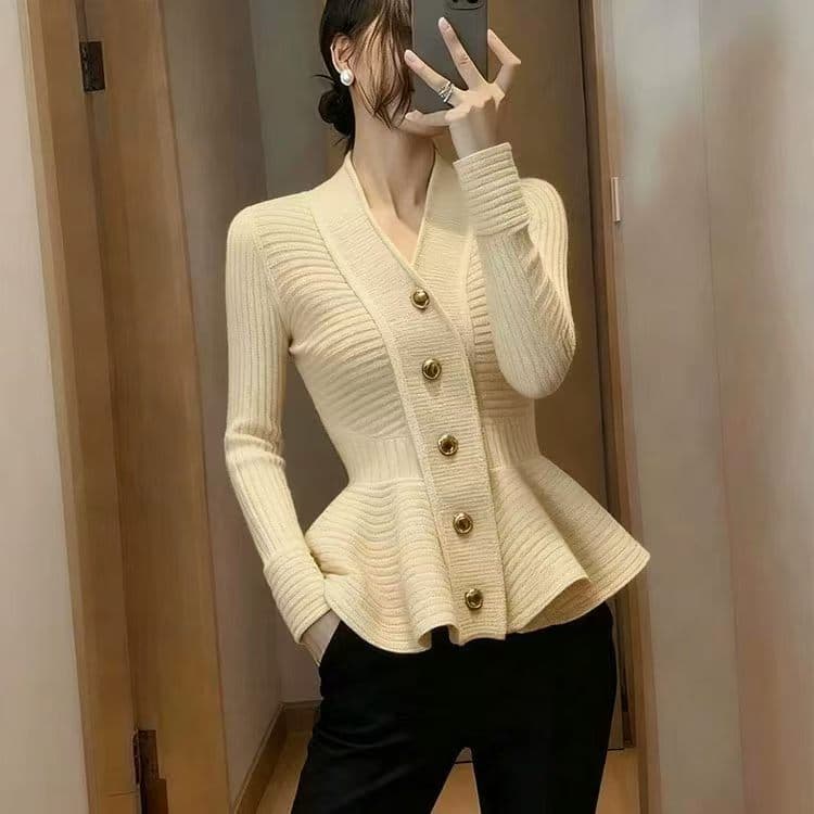 한 부서 디자인 센스 프릴 V넥 니트 스웨터 맨위 여성 가을 겨울철 달콤한 핫걸 꼬집기 허리 슬림해 보이는 품격 맨위 상세 이미지 3