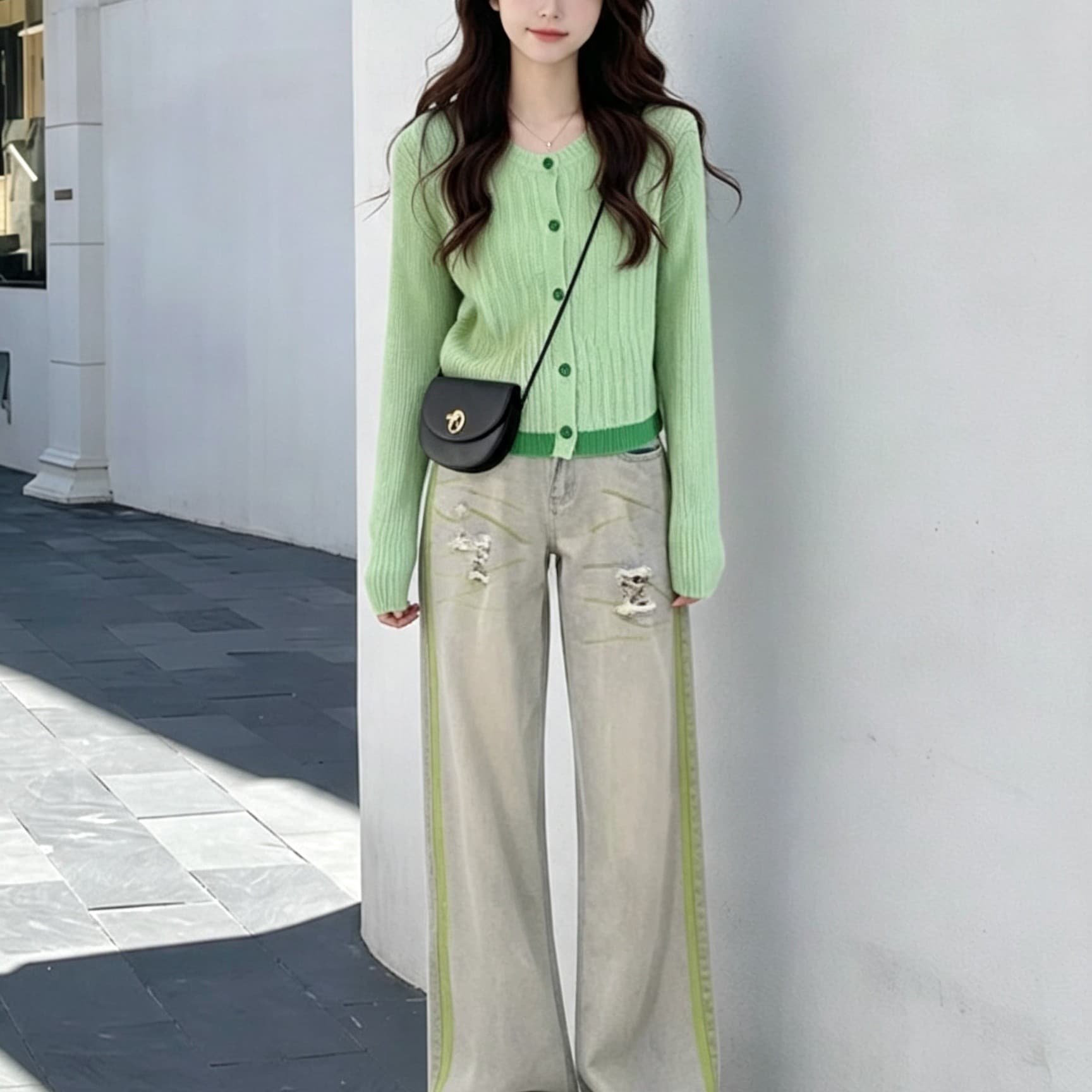 작은 키 가을 도파민 세트 여성 품격 연령 감소 니트 오픈 가디건 가져 가라. 찢어진 부분 넓은 다리 청바지 투피스 세트
