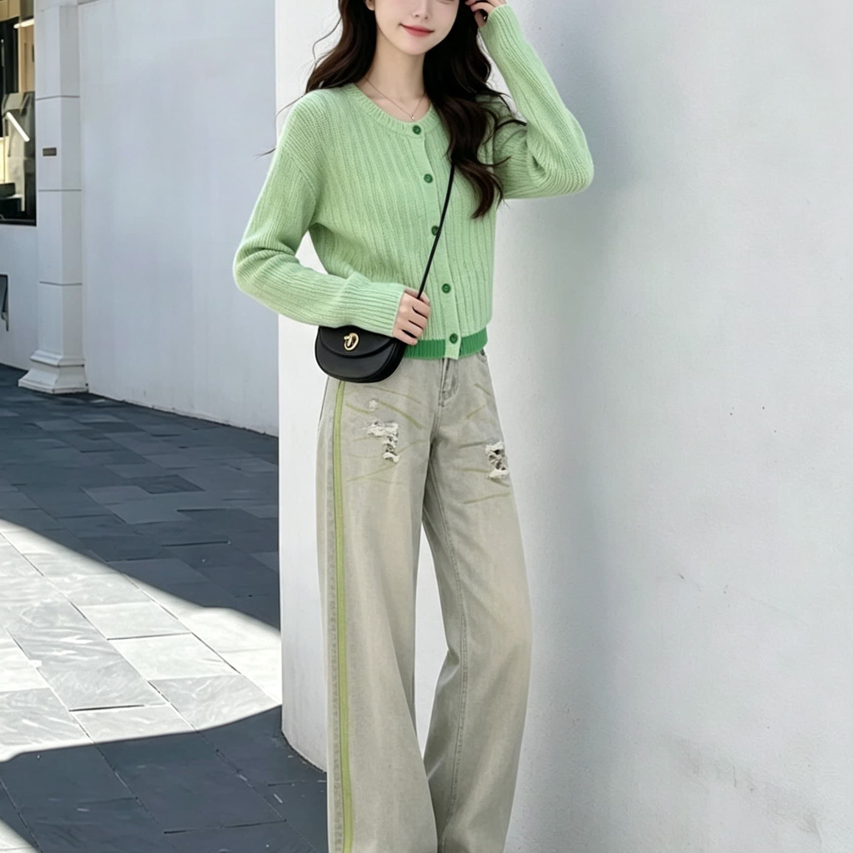 작은 키 가을 도파민 세트 여성 품격 연령 감소 니트 오픈 가디건 가져 가라. 찢어진 부분 넓은 다리 청바지 투피스 세트 이미지 4