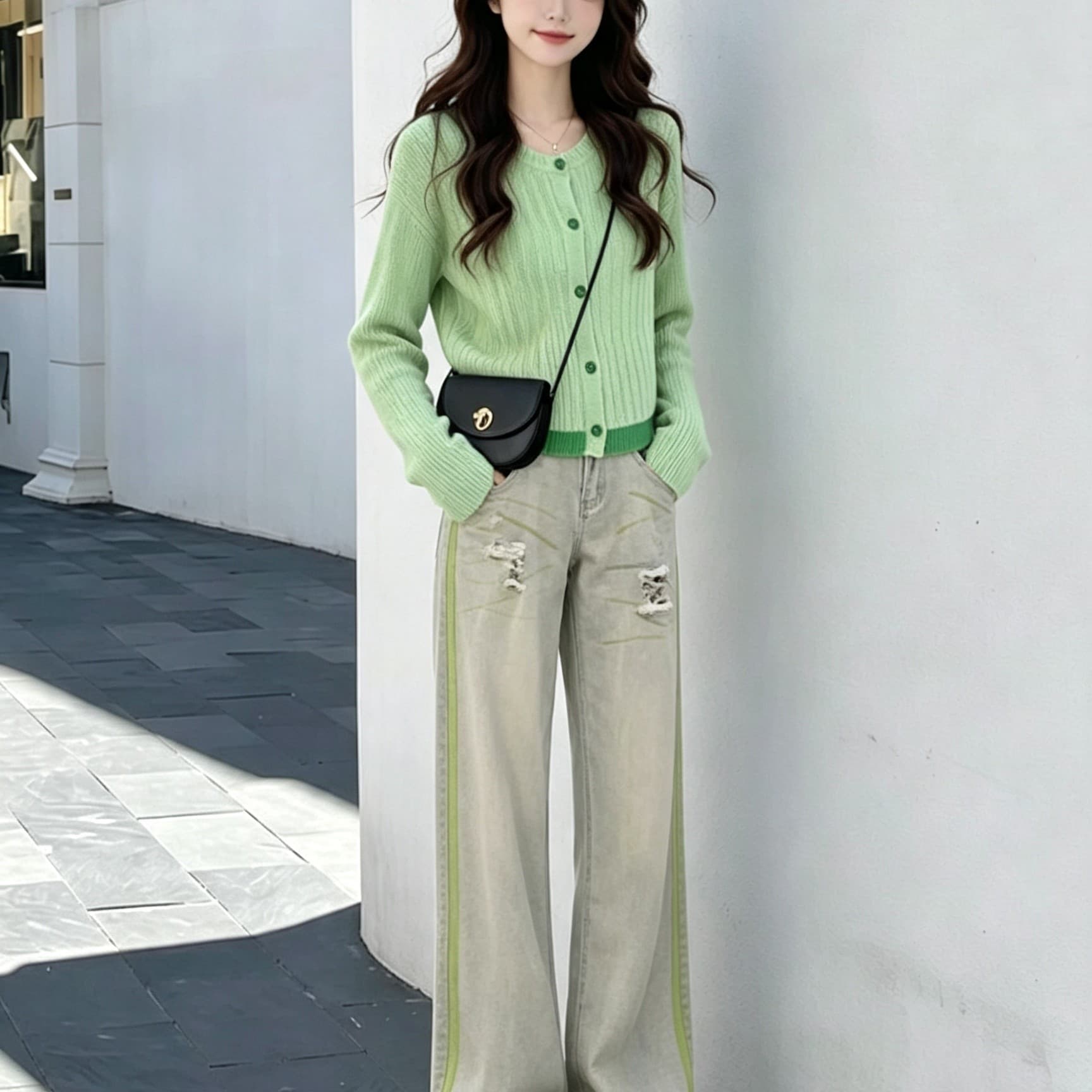 작은 키 가을 도파민 세트 여성 품격 연령 감소 니트 오픈 가디건 가져 가라. 찢어진 부분 넓은 다리 청바지 투피스 세트 이미지 5