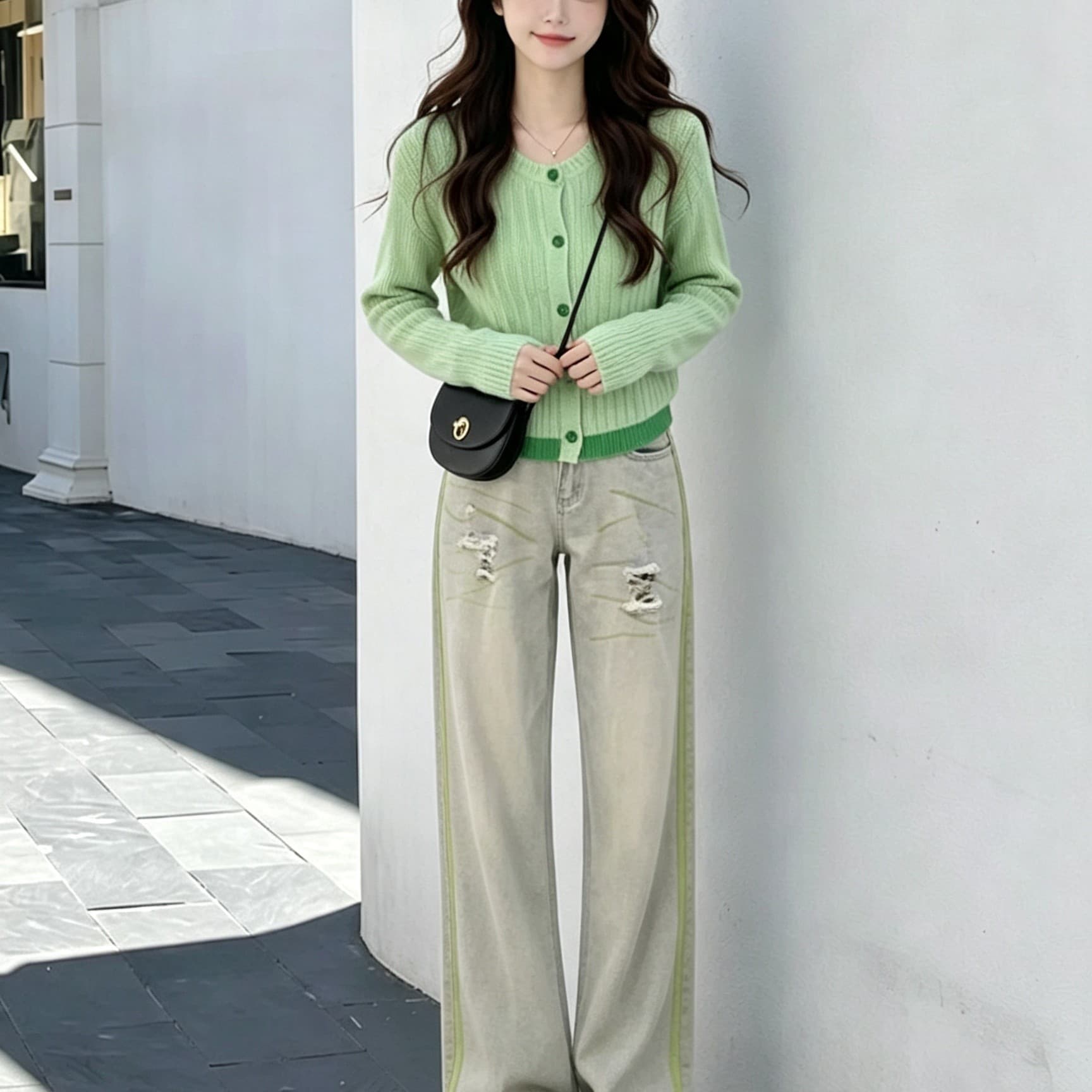 작은 키 가을 도파민 세트 여성 품격 연령 감소 니트 오픈 가디건 가져 가라. 찢어진 부분 넓은 다리 청바지 투피스 세트 상세 이미지 3