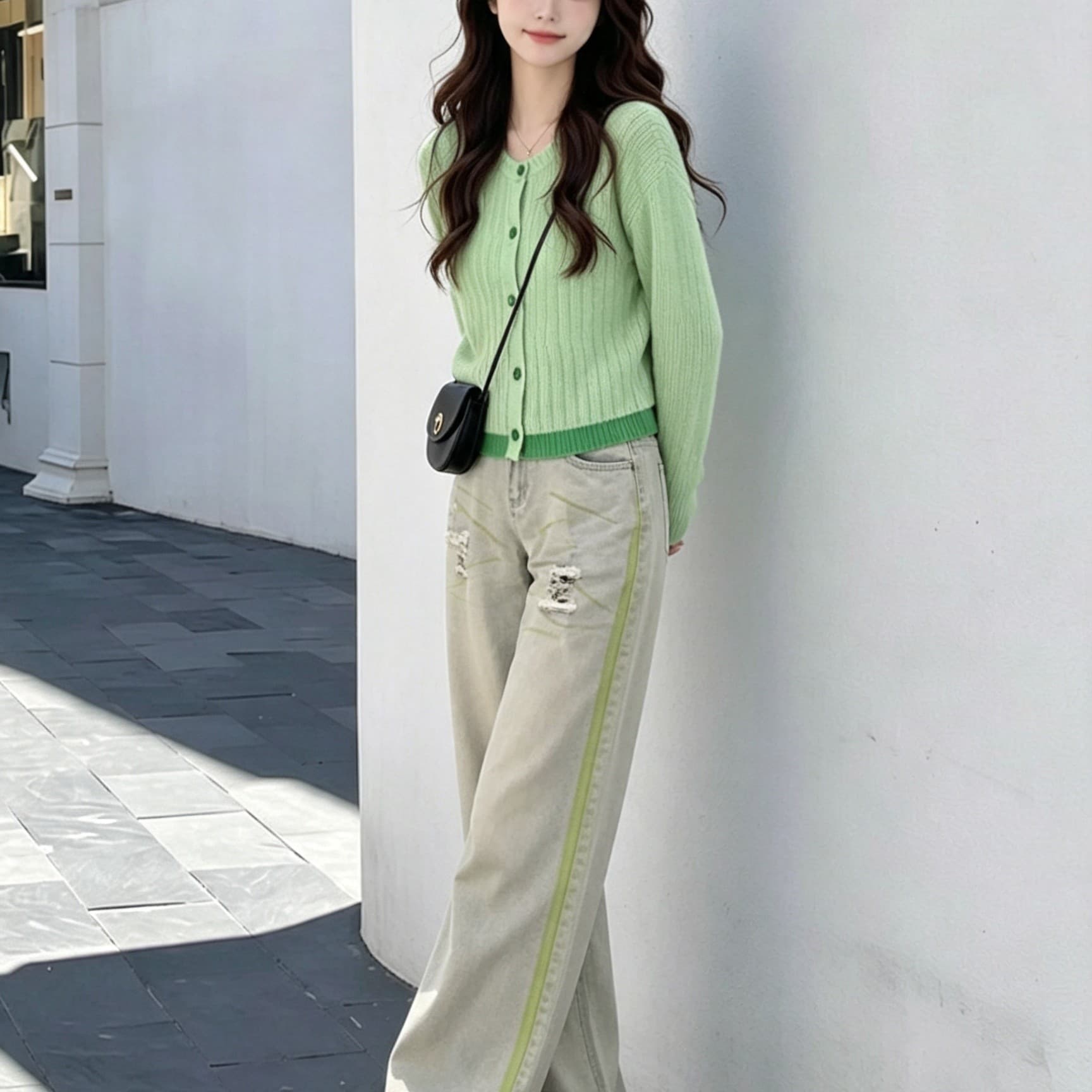 작은 키 가을 도파민 세트 여성 품격 연령 감소 니트 오픈 가디건 가져 가라. 찢어진 부분 넓은 다리 청바지 투피스 세트 상세 이미지 5