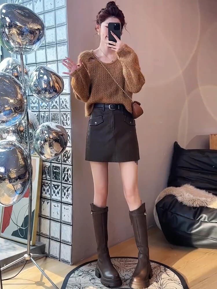 한 부서 레트로 커피 색상 V넥 풀오버 스웨터 여자 가을 겨울 루즈핏 느긋한 고급 센스 인사이드 가져 가라. 만나는 니트 맨위 이미지 2