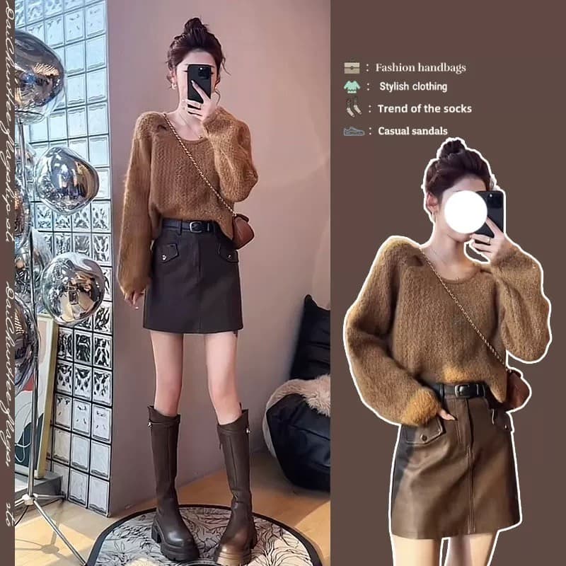 한 부서 레트로 커피 색상 V넥 풀오버 스웨터 여자 가을 겨울 루즈핏 느긋한 고급 센스 인사이드 가져 가라. 만나는 니트 맨위 상세 이미지 1