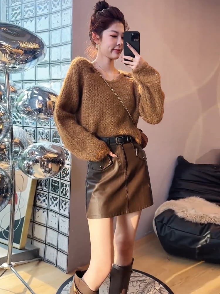 한 부서 레트로 커피 색상 V넥 풀오버 스웨터 여자 가을 겨울 루즈핏 느긋한 고급 센스 인사이드 가져 가라. 만나는 니트 맨위 상세 이미지 2