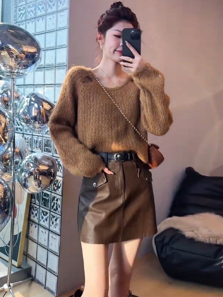 한 부서 레트로 커피 색상 V넥 풀오버 스웨터 여자 가을 겨울 루즈핏 느긋한 고급 센스 인사이드 가져 가라. 만나는 니트 맨위 상세 이미지 5