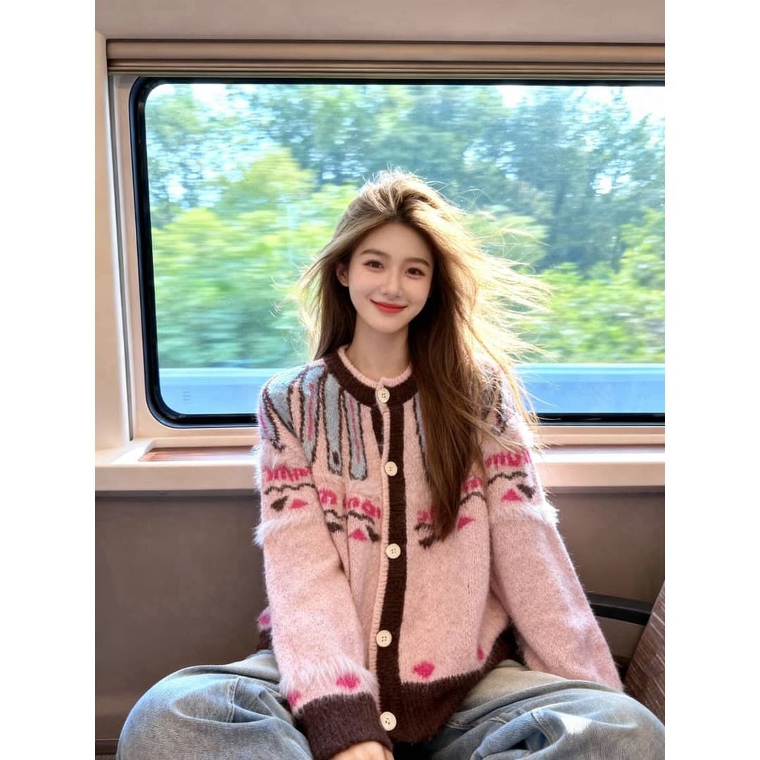 핑크색 배색 자카드 니트 오픈 가디건 라운드 넥 디자인 디스플레이 달콤한 멩 싱글 줄 버튼 팀 세부 사항 봄날 부드러운 자매 바람 싱글 제품 이미지 5