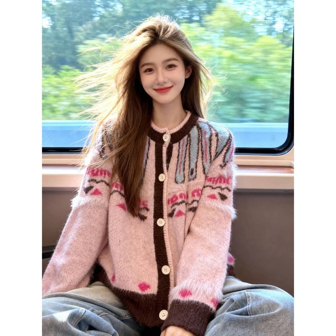 핑크색 배색 자카드 니트 오픈 가디건 라운드 넥 디자인 디스플레이 달콤한 멩 싱글 줄 버튼 팀 세부 사항 봄날 부드러운 자매 바람 싱글 제품 상세 이미지 1