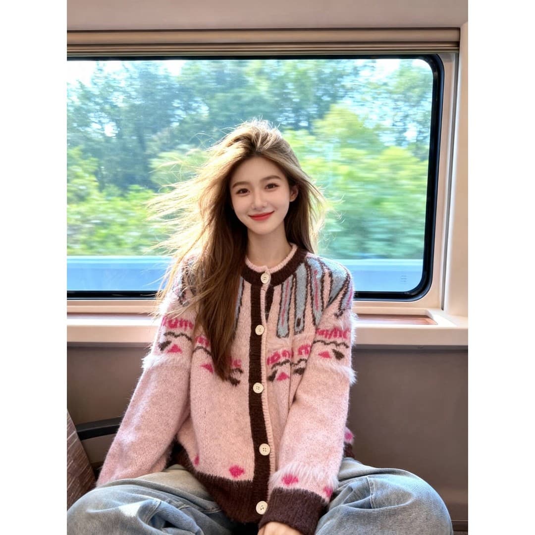 핑크색 배색 자카드 니트 오픈 가디건 라운드 넥 디자인 디스플레이 달콤한 멩 싱글 줄 버튼 팀 세부 사항 봄날 부드러운 자매 바람 싱글 제품 상세 이미지 2