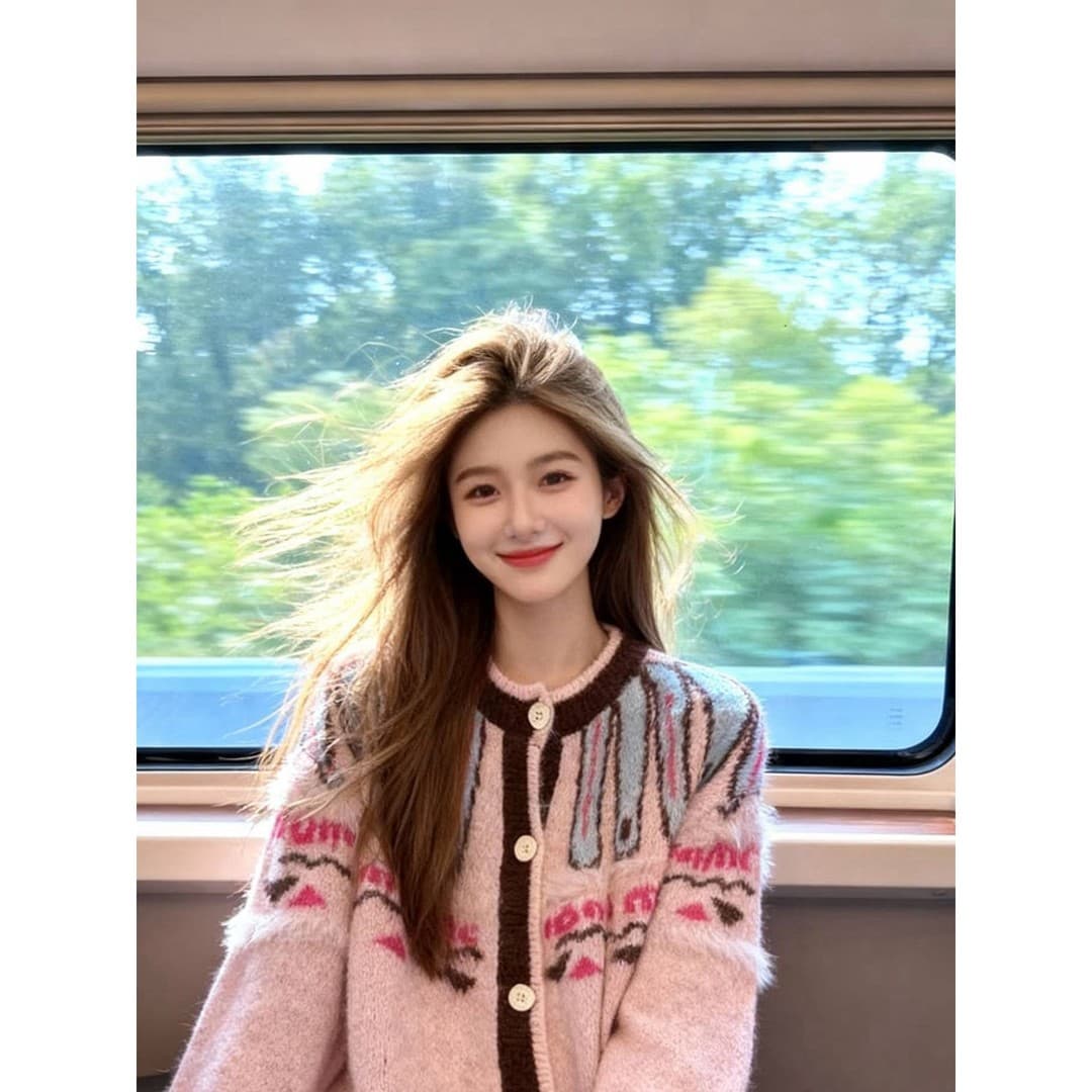 핑크색 배색 자카드 니트 오픈 가디건 라운드 넥 디자인 디스플레이 달콤한 멩 싱글 줄 버튼 팀 세부 사항 봄날 부드러운 자매 바람 싱글 제품 상세 이미지 4