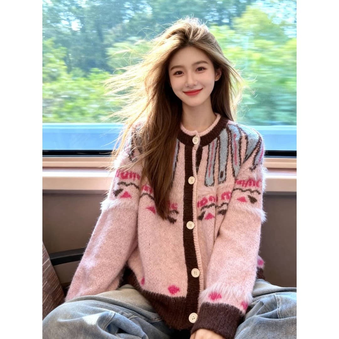 핑크색 배색 자카드 니트 오픈 가디건 라운드 넥 디자인 디스플레이 달콤한 멩 싱글 줄 버튼 팀 세부 사항 봄날 부드러운 자매 바람 싱글 제품 상세 이미지 5