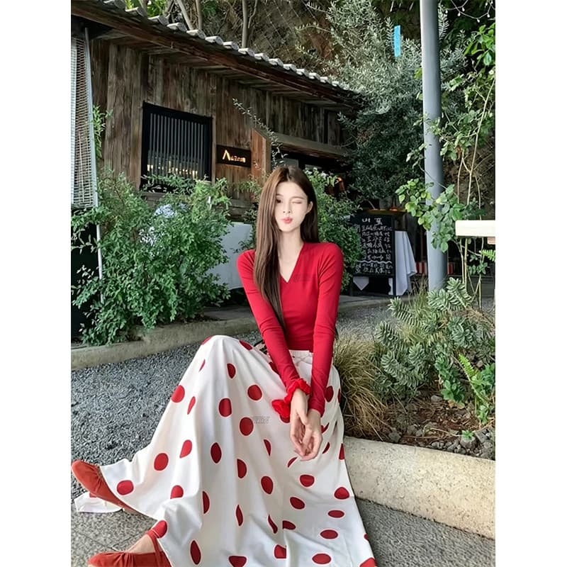 한 부서 품격 몸매 가꾸기 슬림해 보이는 레트로 V넥 긴팔 여성 가을 숙녀 바람 하이웨이스트 도트 무늬 반신 스커트 투피스 세트 상세 이미지 2
