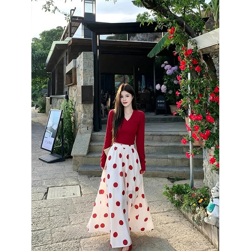 한 부서 품격 몸매 가꾸기 슬림해 보이는 레트로 V넥 긴팔 여성 가을 숙녀 바람 하이웨이스트 도트 무늬 반신 스커트 투피스 세트 상세 이미지 3
