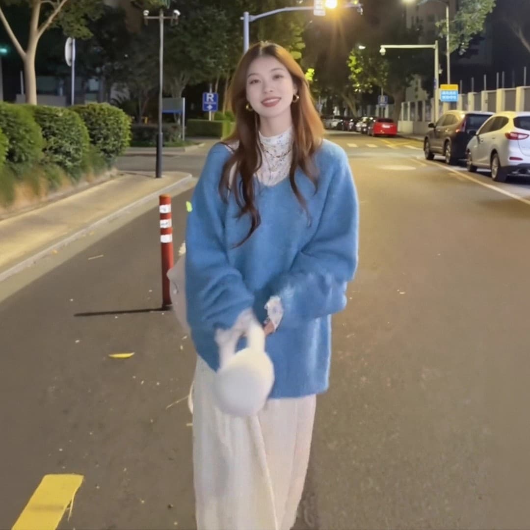 자이언트 잘 생긴 ~ 중 가을 의상 전체 집합 한 부서 부드러운 바람 꽃무늬 기본 셔츠 V넥 니트 스웨터 반신 치마 세트 이미지 3