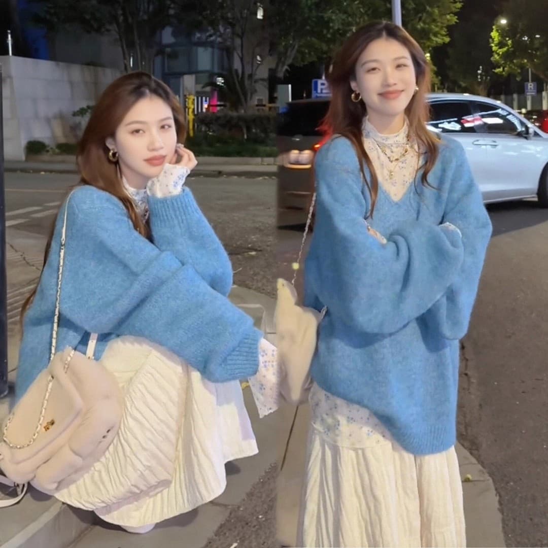 자이언트 잘 생긴 ~ 중 가을 의상 전체 집합 한 부서 부드러운 바람 꽃무늬 기본 셔츠 V넥 니트 스웨터 반신 치마 세트