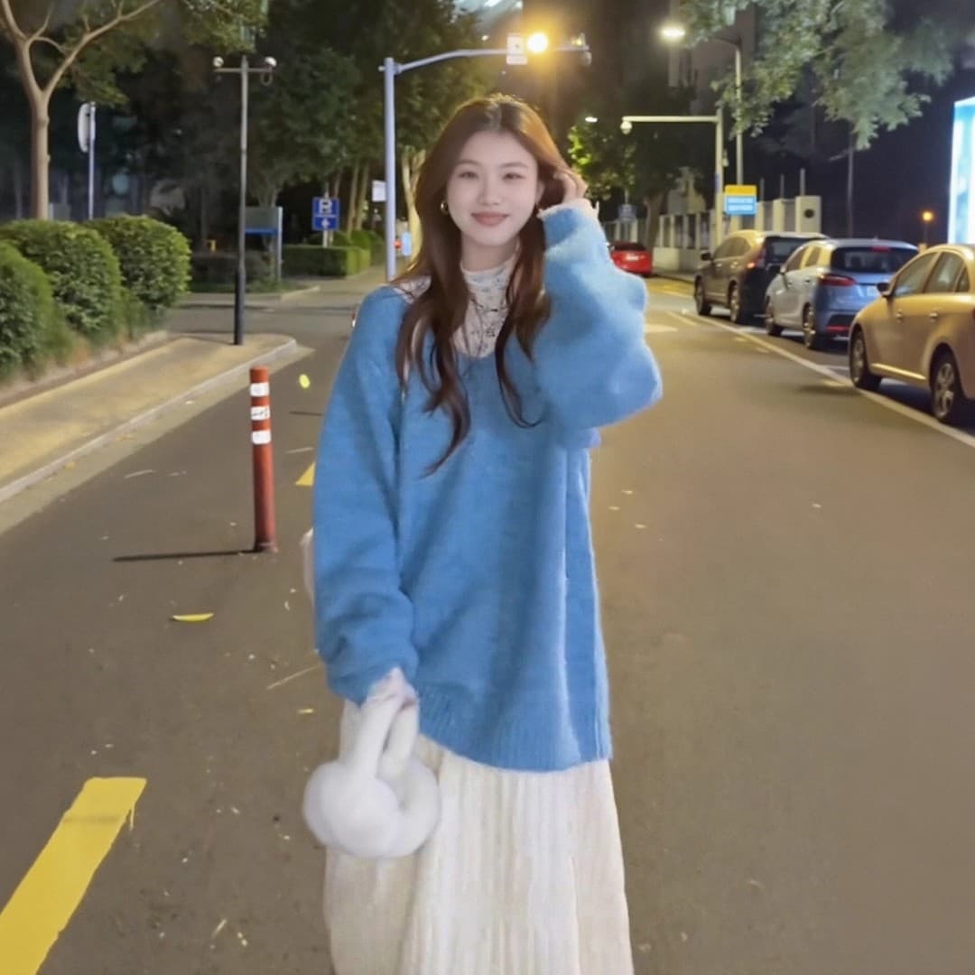 자이언트 잘 생긴 ~ 중 가을 의상 전체 집합 한 부서 부드러운 바람 꽃무늬 기본 셔츠 V넥 니트 스웨터 반신 치마 세트 상세 이미지 4