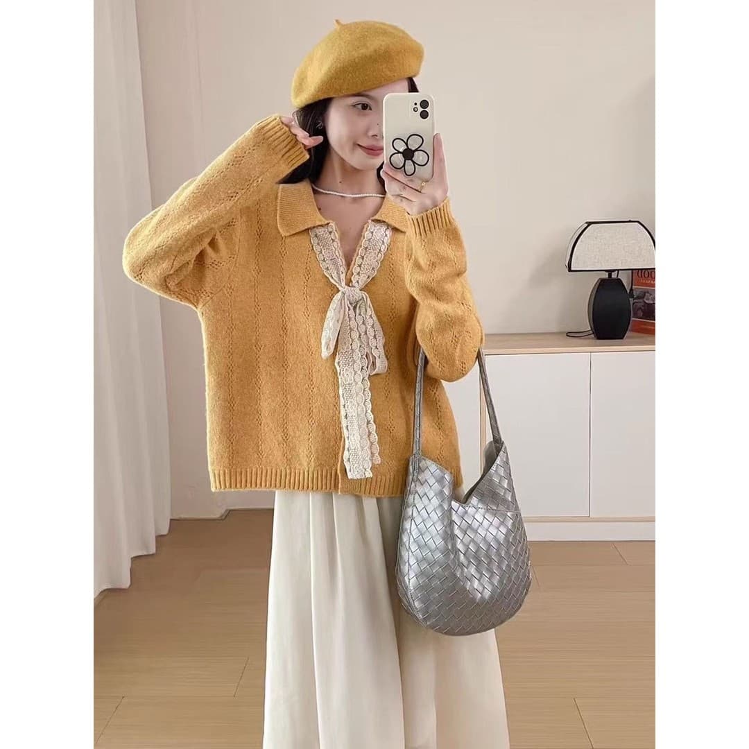 나비 넥타이 황색 스웨터 코트 여성 의류 이른 가을 착용 가져 가라. 품격 POLO 칼라 긴팔 니트 오픈 가디건 맨위