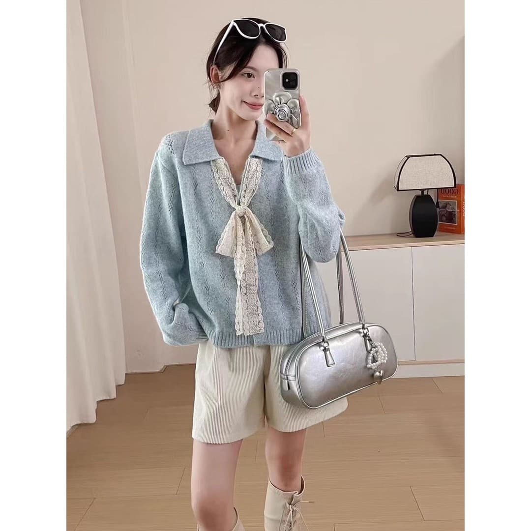 나비 넥타이 황색 스웨터 코트 여성 의류 이른 가을 착용 가져 가라. 품격 POLO 칼라 긴팔 니트 오픈 가디건 맨위 상세 이미지 2