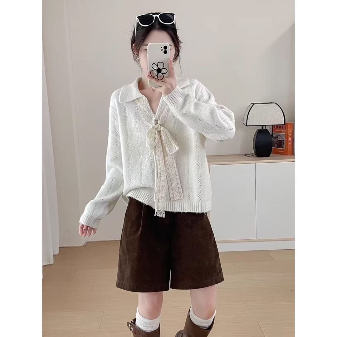 나비 넥타이 황색 스웨터 코트 여성 의류 이른 가을 착용 가져 가라. 품격 POLO 칼라 긴팔 니트 오픈 가디건 맨위 상세 이미지 4