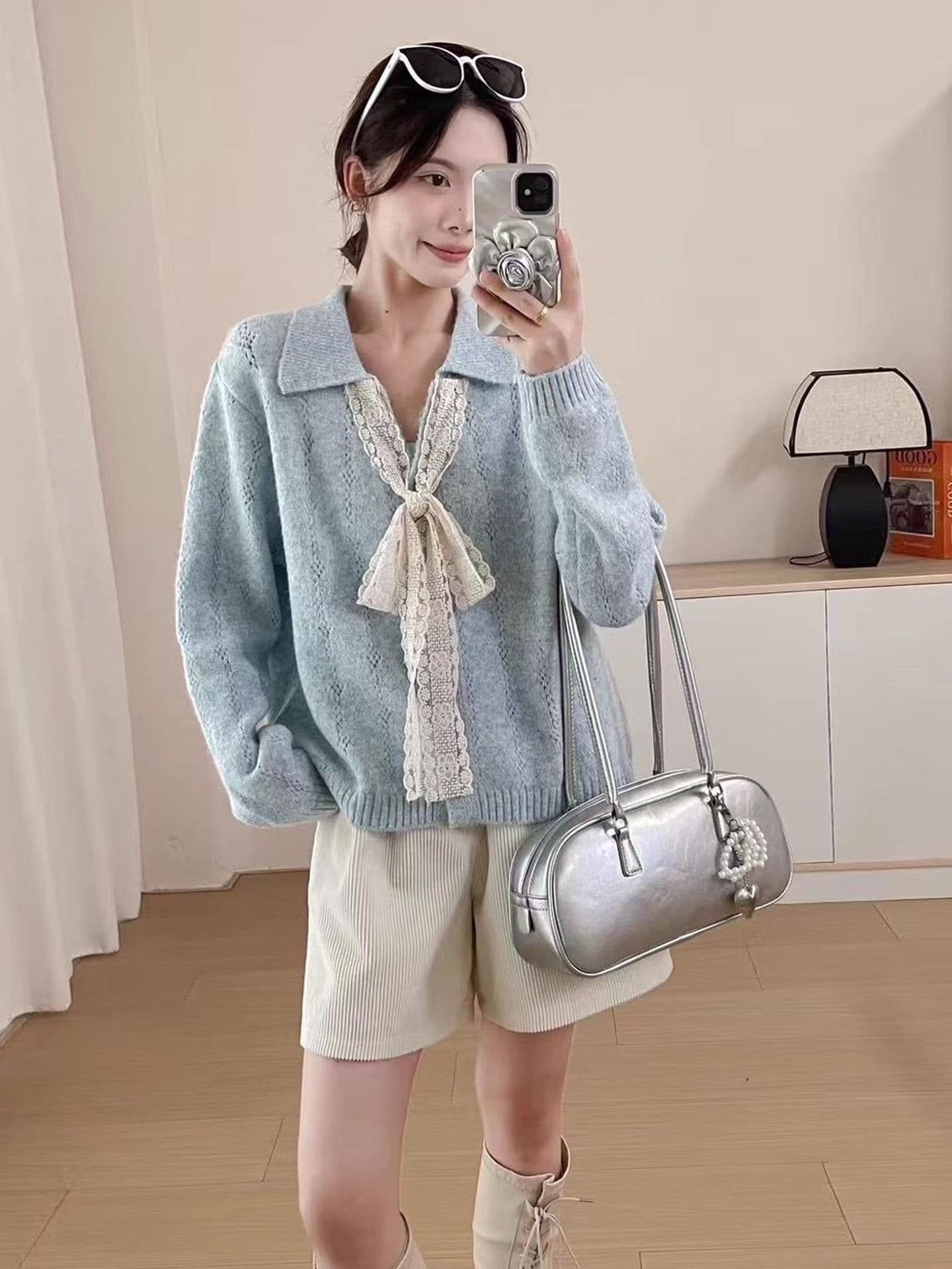 나비 넥타이 황색 스웨터 코트 여성 의류 이른 가을 착용 가져 가라. 품격 POLO 칼라 긴팔 니트 오픈 가디건 맨위 상세 이미지 5