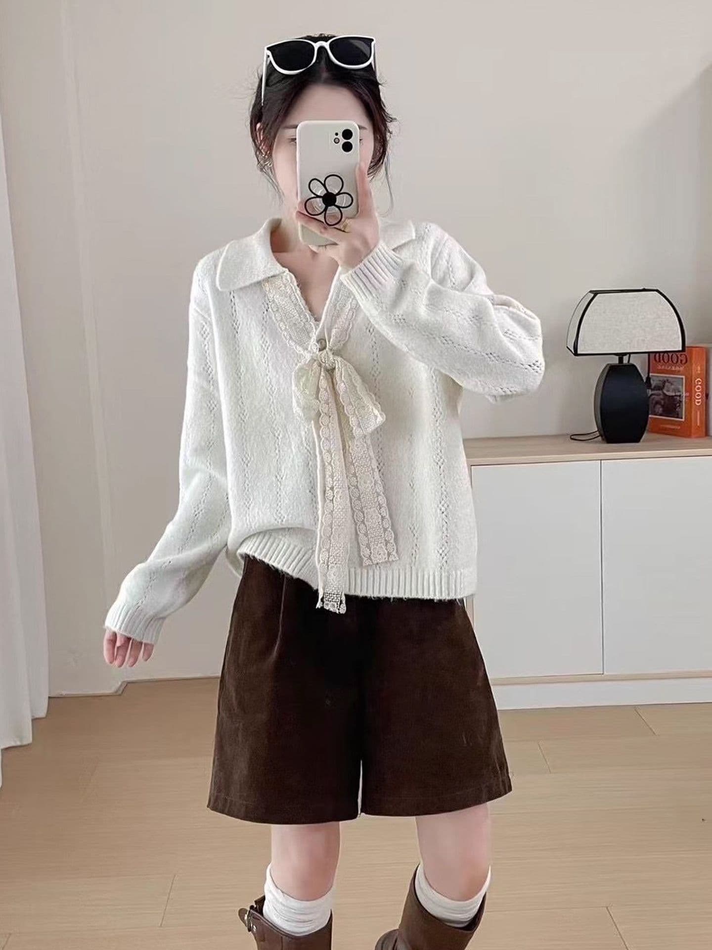 나비 넥타이 황색 스웨터 코트 여성 의류 이른 가을 착용 가져 가라. 품격 POLO 칼라 긴팔 니트 오픈 가디건 맨위 상세 이미지 7