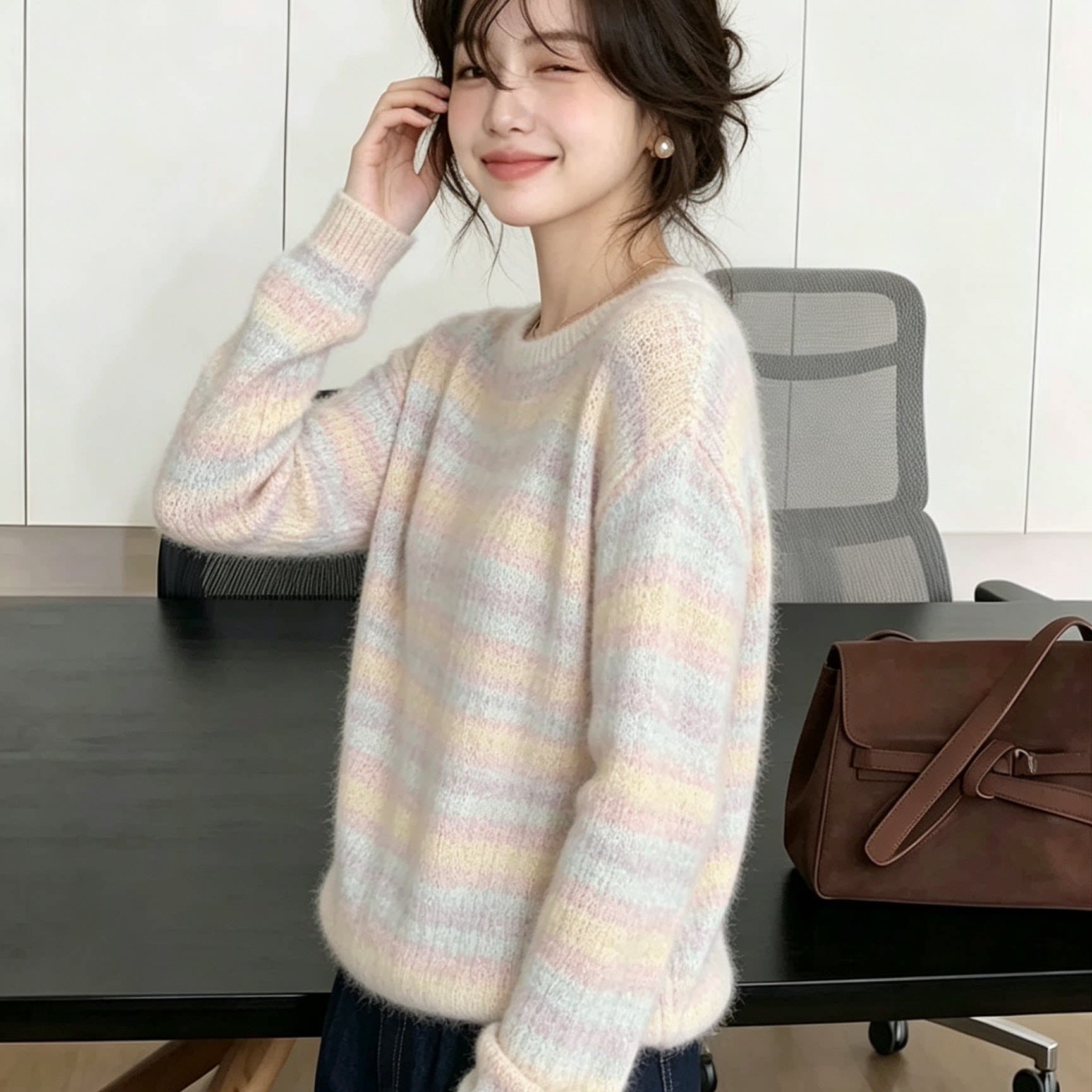 2026 년 새로운 무지개 스트라이프 니트 스웨터 여자 가을 느긋한 바람 다용도 털이 많은 달콤함 맨위 이미지 2