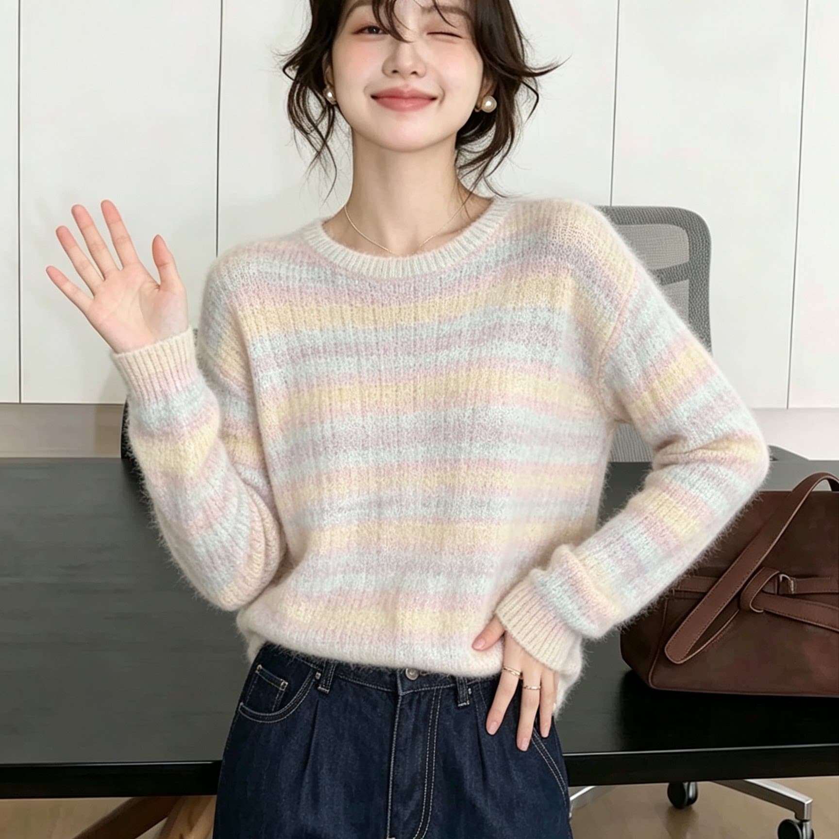 2026 년 새로운 무지개 스트라이프 니트 스웨터 여자 가을 느긋한 바람 다용도 털이 많은 달콤함 맨위 상세 이미지 1