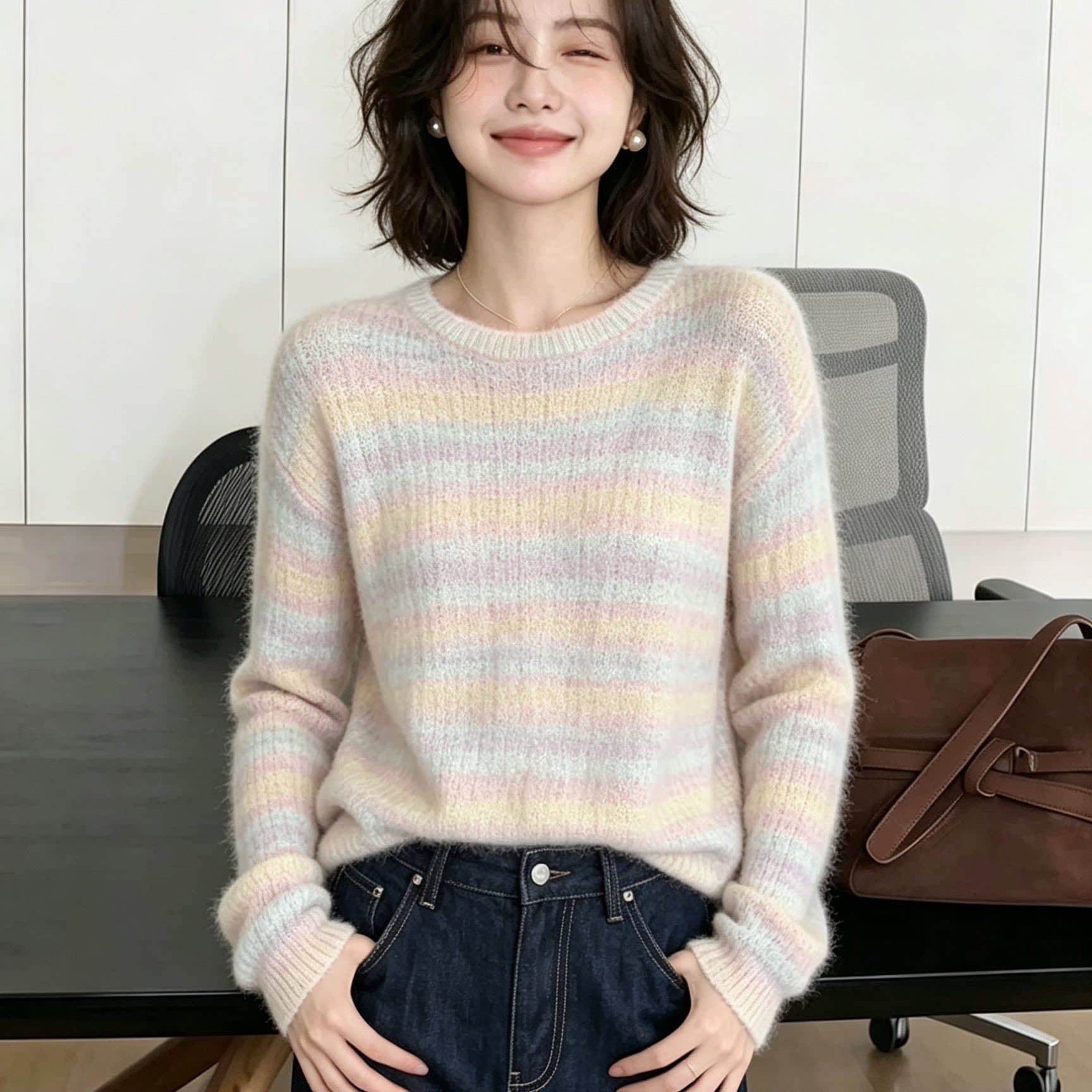 2026 년 새로운 무지개 스트라이프 니트 스웨터 여자 가을 느긋한 바람 다용도 털이 많은 달콤함 맨위 상세 이미지 4