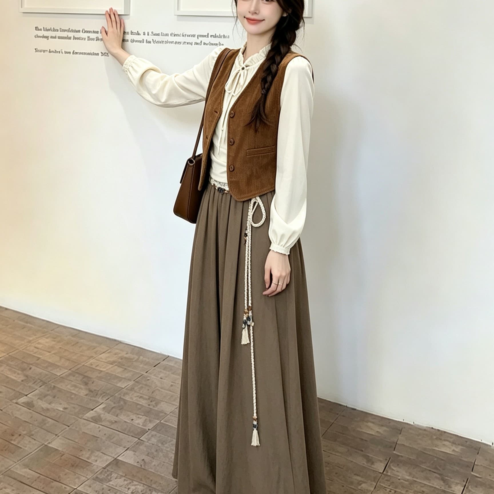 빅 사이즈 가을 레트로 세트 여성 분위기 센스 연령 감소 베스트 바지를 입는 셔츠 코디 슈퍼 잘 생긴 치마바지 3종 세트 상세 이미지 1