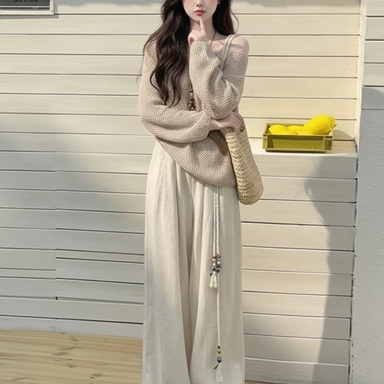 빅 사이즈 가을 부드러운 바람 세트 여성 연령 감소 비스듬한 어깨 니트 스웨터 코디 표지 고기 슬림해 보이는 캐주얼 바지 투피스 세트 이미지 3