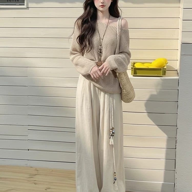 빅 사이즈 가을 부드러운 바람 세트 여성 연령 감소 비스듬한 어깨 니트 스웨터 코디 표지 고기 슬림해 보이는 캐주얼 바지 투피스 세트 상세 이미지 4