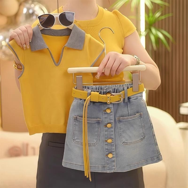 2026 여름 새로운 미니멀리즘 바람 POLO 칼라 반팔 맨위 가져 가라. 달콤한 차가운 하이웨이스트 데님 짧은 치마바지 두 조각 여성 세트 상세 이미지 4