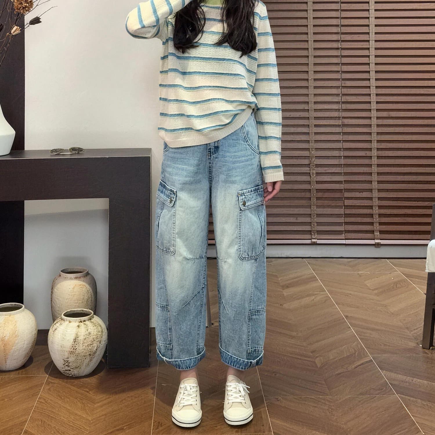 기타 주머니 한 부서 워크웨어 청바지 여성 봄 여름 2026 새로운 빅 사이즈 지방 mm 슬림해 보이는 9 포인트 스트레이트 와이드 레그 팬츠 이미지 5