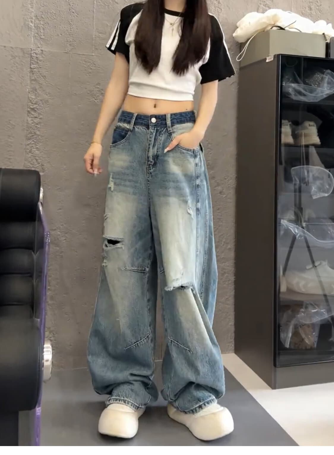 2026 새로운 여름 얇은 스타일 빅 사이즈 찢어진 부분 모통이 칼 청바지 여성 지방 mm 슬림해 보이는 루즈핏 넓은 다리 스트레이트 바지 상세 이미지 9