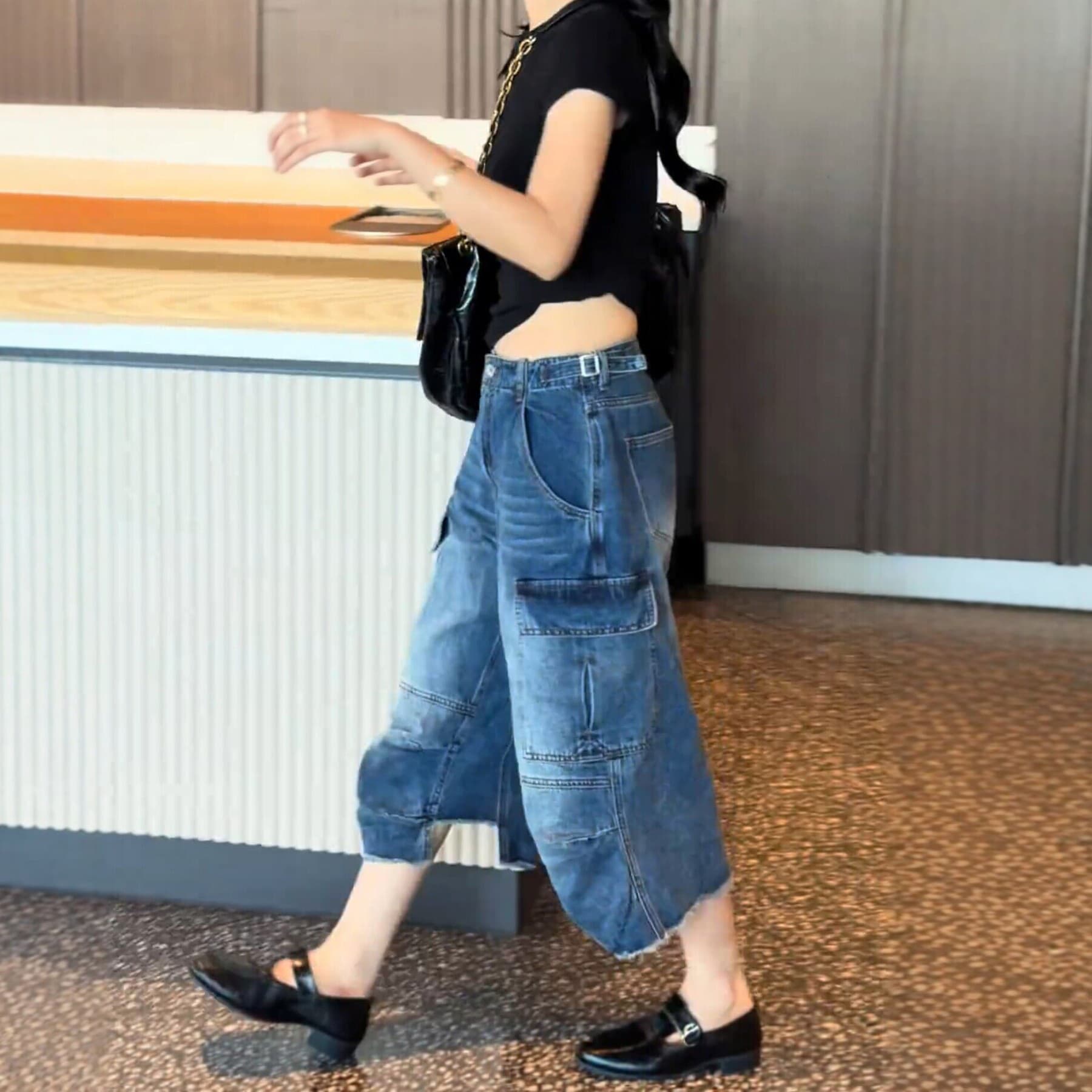 아메리칸 레트로 워크웨어 7 점 청바지 여성 여름 기타 주머니 루즈핏 와이드 레그 팬츠 털 하고있는 동안해라. 오래된 슬림해 보이는 바지 이미지 6