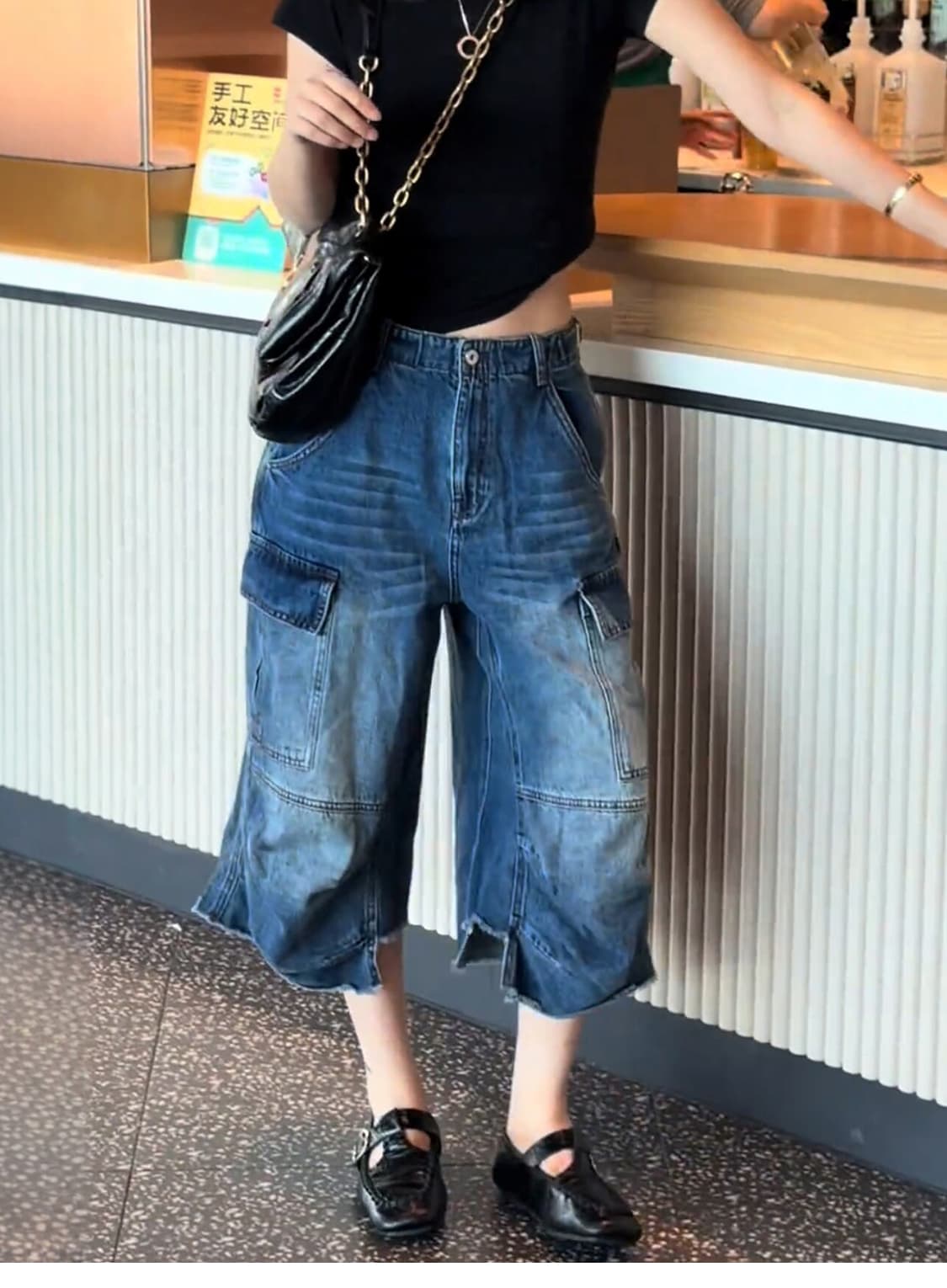 아메리칸 레트로 워크웨어 7 점 청바지 여성 여름 기타 주머니 루즈핏 와이드 레그 팬츠 털 하고있는 동안해라. 오래된 슬림해 보이는 바지 상세 이미지 8