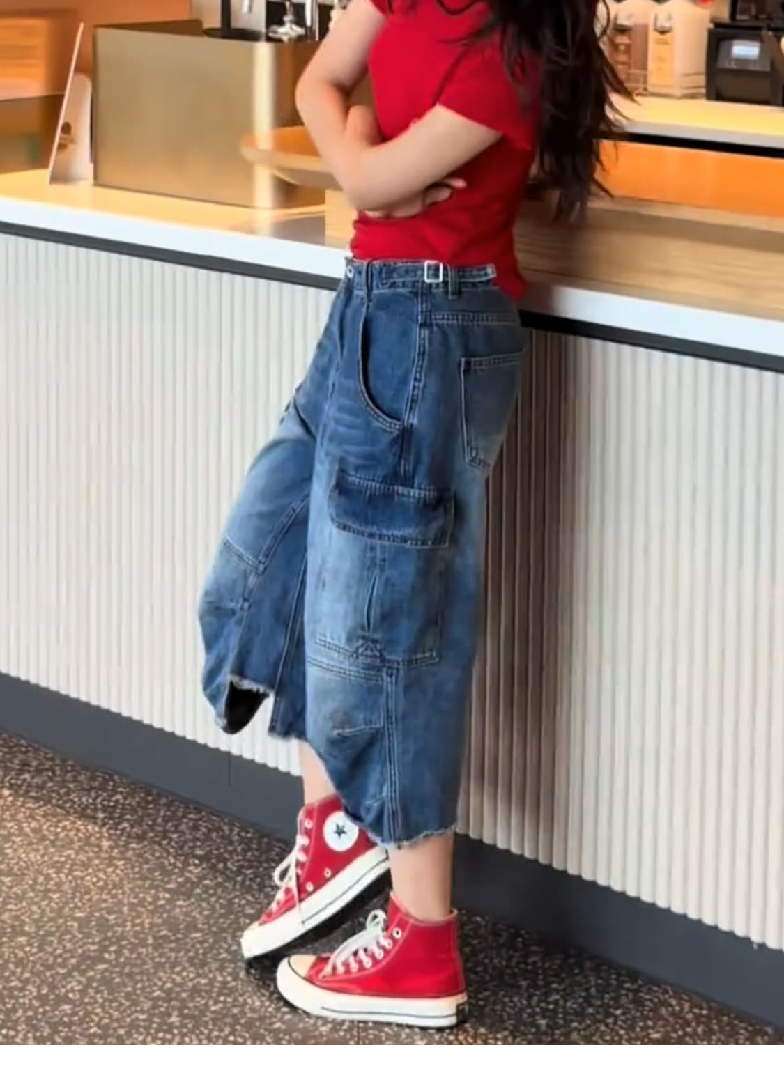 아메리칸 레트로 워크웨어 7 점 청바지 여성 여름 기타 주머니 루즈핏 와이드 레그 팬츠 털 하고있는 동안해라. 오래된 슬림해 보이는 바지 상세 이미지 16