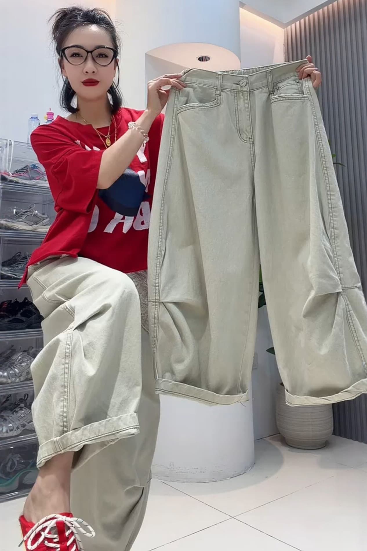 빅 사이즈 8 점 청바지 여성 여름 새로운 루즈핏 슬림해 보이는 와이드 레그 팬츠 배 종류 몸 하이웨이스트 다용도 풍선 바지 이미지 7