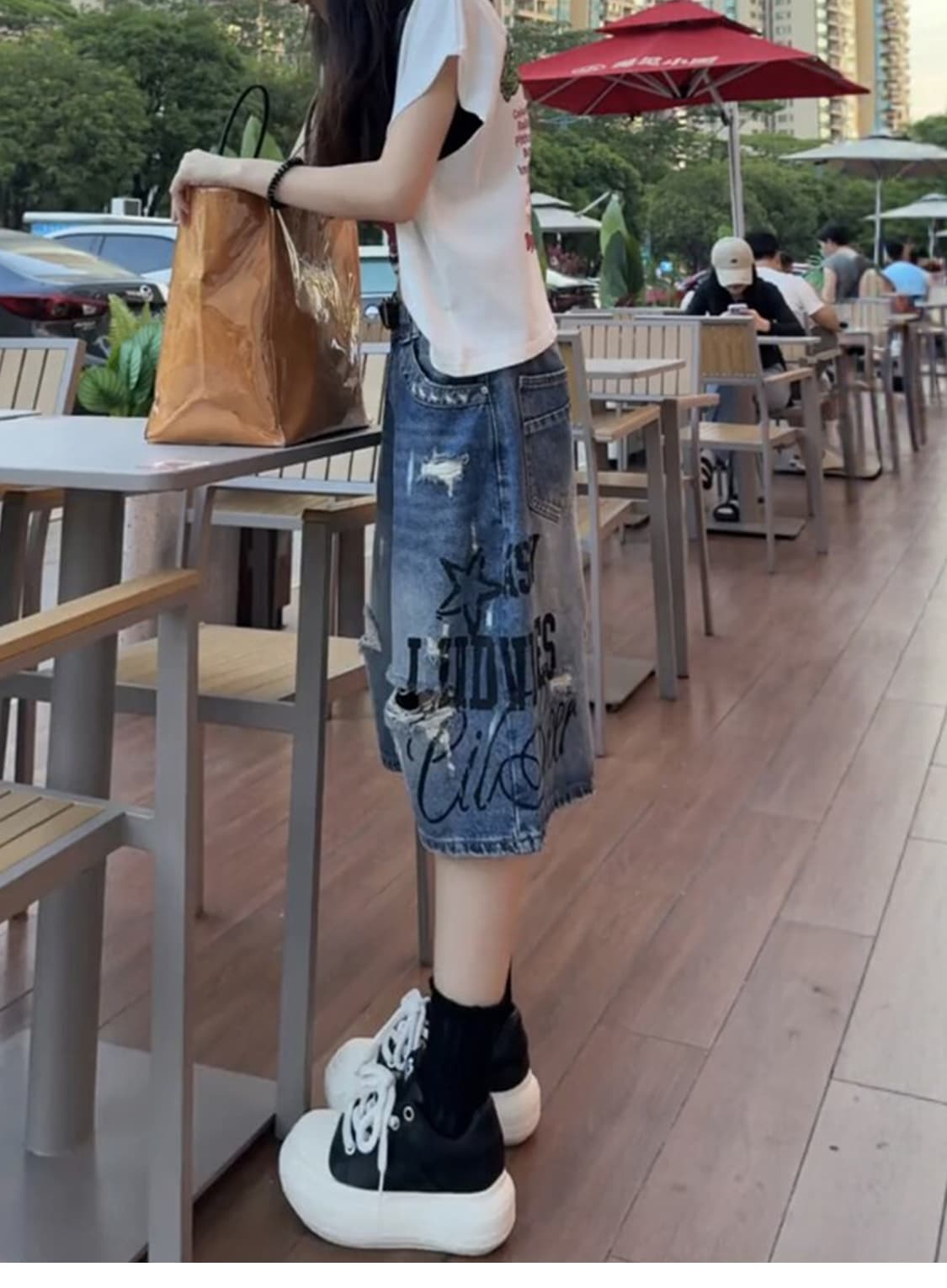찢어진 부분 데님 반바지 여성 여름 얇은 스타일 2026 새로운 배 종류 몸 빅 사이즈 지방 mm 슬림해 보이는 5 점 와이드 레그 팬츠 상세 이미지 7