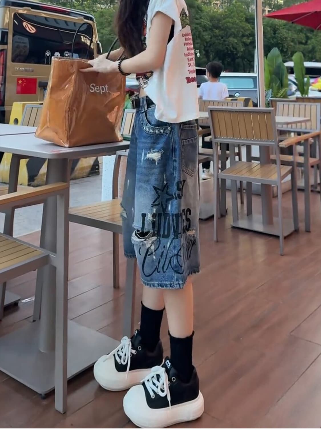 찢어진 부분 데님 반바지 여성 여름 얇은 스타일 2026 새로운 배 종류 몸 빅 사이즈 지방 mm 슬림해 보이는 5 점 와이드 레그 팬츠 상세 이미지 9