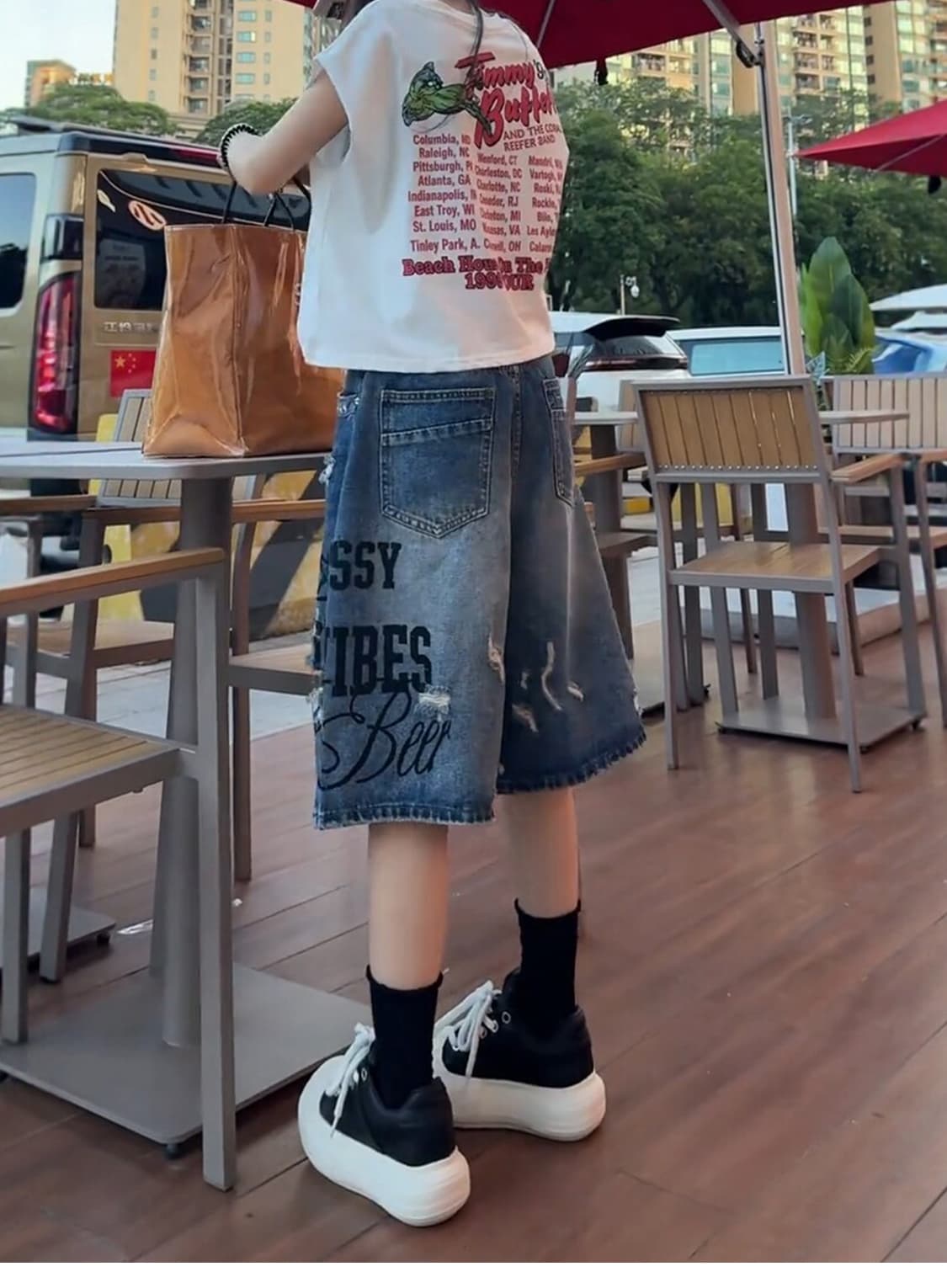 찢어진 부분 데님 반바지 여성 여름 얇은 스타일 2026 새로운 배 종류 몸 빅 사이즈 지방 mm 슬림해 보이는 5 점 와이드 레그 팬츠 상세 이미지 10
