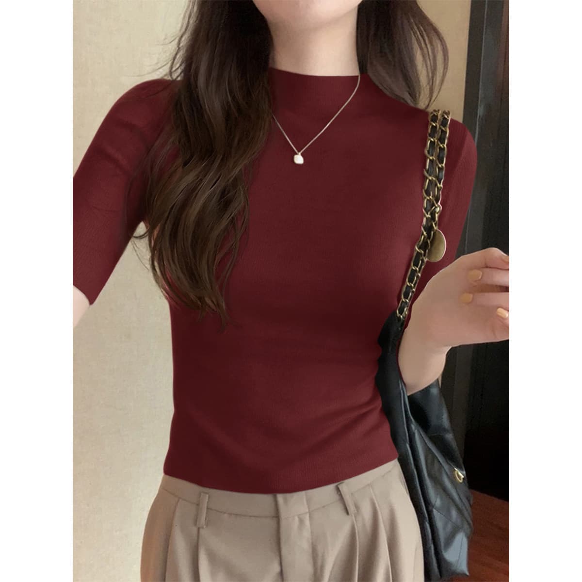 몸매 가꾸기 슬림해 보이는 출퇴근 중간 소매 양모 티셔츠 맨위 익스트림 제인 바람 반하이넥 니트 스웨터 여성 봄 새로운 상세 이미지 3