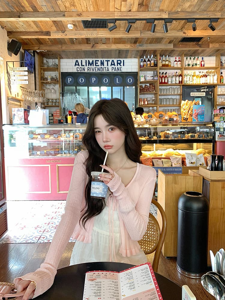 첸 대 유 얇은 스타일 슬립 드레스 외부 가져 가라. 얼음 실크 오픈 가디건 여성 여름 핑크색 니트 레이스업 맨위 쇼트 스타일 자외선 차단 재킷